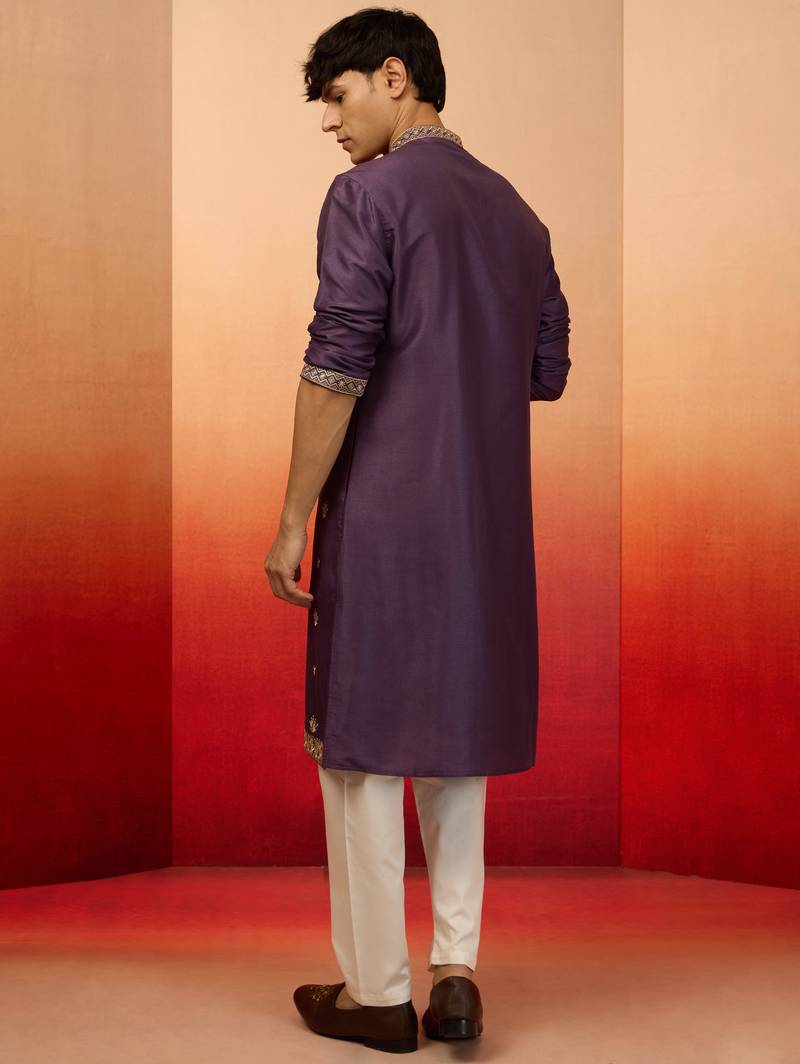 Purple silk blend resham embroidered kurta with cream pyjama - royal festive set