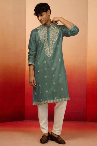 Mint green silk blend resham embroidered kurta with cream pyjama - elegant festive set