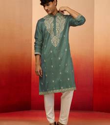 Mint green silk blend resham embroidered kurta with cream pyjama - elegant festive set
