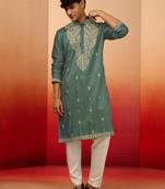 Mint green silk blend resham embroidered kurta with cream pyjama - elegant festive set
