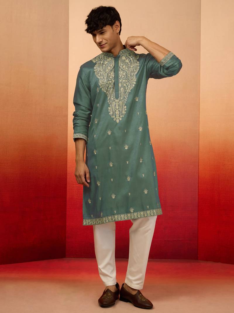 Mint green silk blend resham embroidered kurta with cream pyjama - elegant festive set