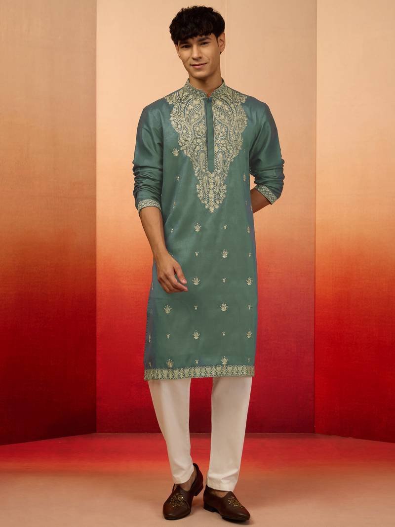 Mint green silk blend resham embroidered kurta with cream pyjama - elegant festive set