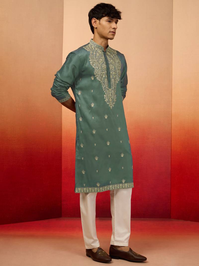 Mint green silk blend resham embroidered kurta with cream pyjama - elegant festive set