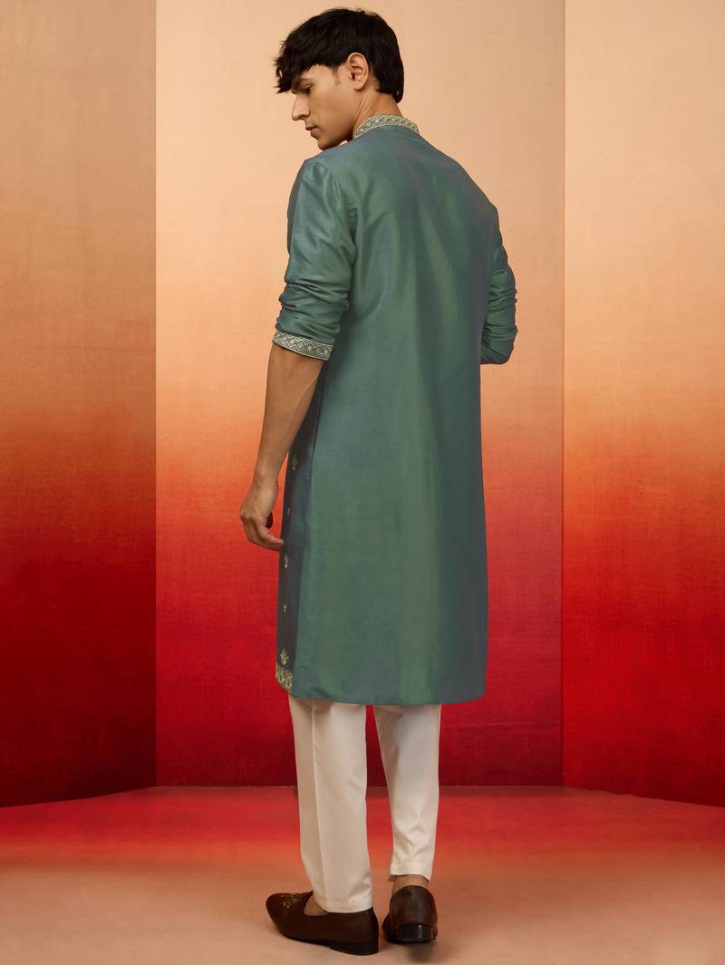Mint green silk blend resham embroidered kurta with cream pyjama - elegant festive set