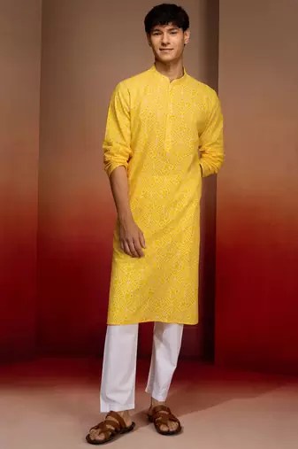 yellow bandhani kurta with pyjama - bright summer set