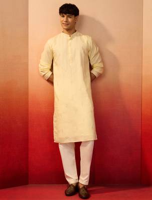 Yellow silk blend embroidered kurta with cream pyjama - festive traditional set 1