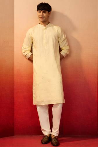 Yellow silk blend embroidered kurta with cream pyjama - festive traditional set