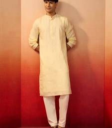 Yellow silk blend embroidered kurta with cream pyjama - festive traditional set