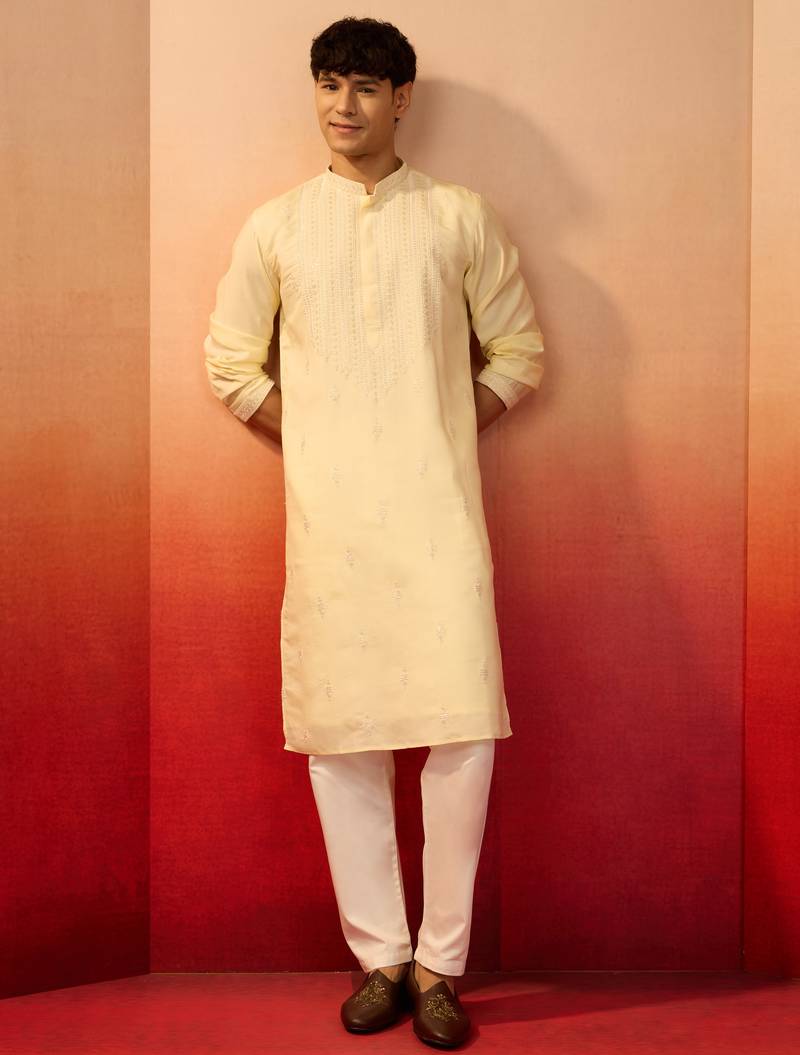 Yellow silk blend embroidered kurta with cream pyjama - festive traditional set
