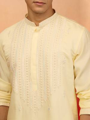 Yellow silk blend embroidered kurta with cream pyjama - festive traditional set 2