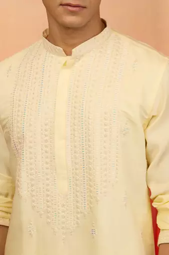 Yellow silk blend embroidered kurta with cream pyjama - festive traditional set