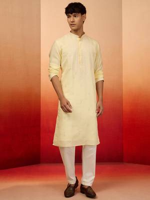 Yellow silk blend embroidered kurta with cream pyjama - festive traditional set 3