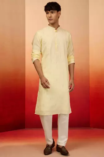 Yellow silk blend embroidered kurta with cream pyjama - festive traditional set