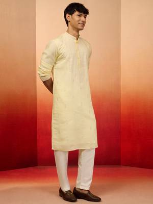 Yellow silk blend embroidered kurta with cream pyjama - festive traditional set 4