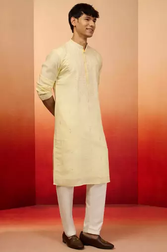 Yellow silk blend embroidered kurta with cream pyjama - festive traditional set