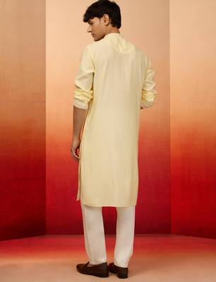 Yellow silk blend embroidered kurta with cream pyjama - festive traditional set 5