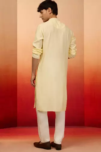 Yellow silk blend embroidered kurta with cream pyjama - festive traditional set