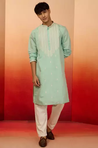 Blue silk blend embroidered kurta with cream pyjama - diwali special set