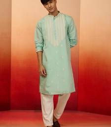 Blue silk blend embroidered kurta with cream pyjama - diwali special set