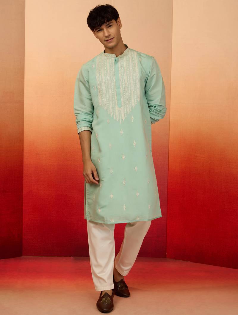 Blue silk blend embroidered kurta with cream pyjama - diwali special set