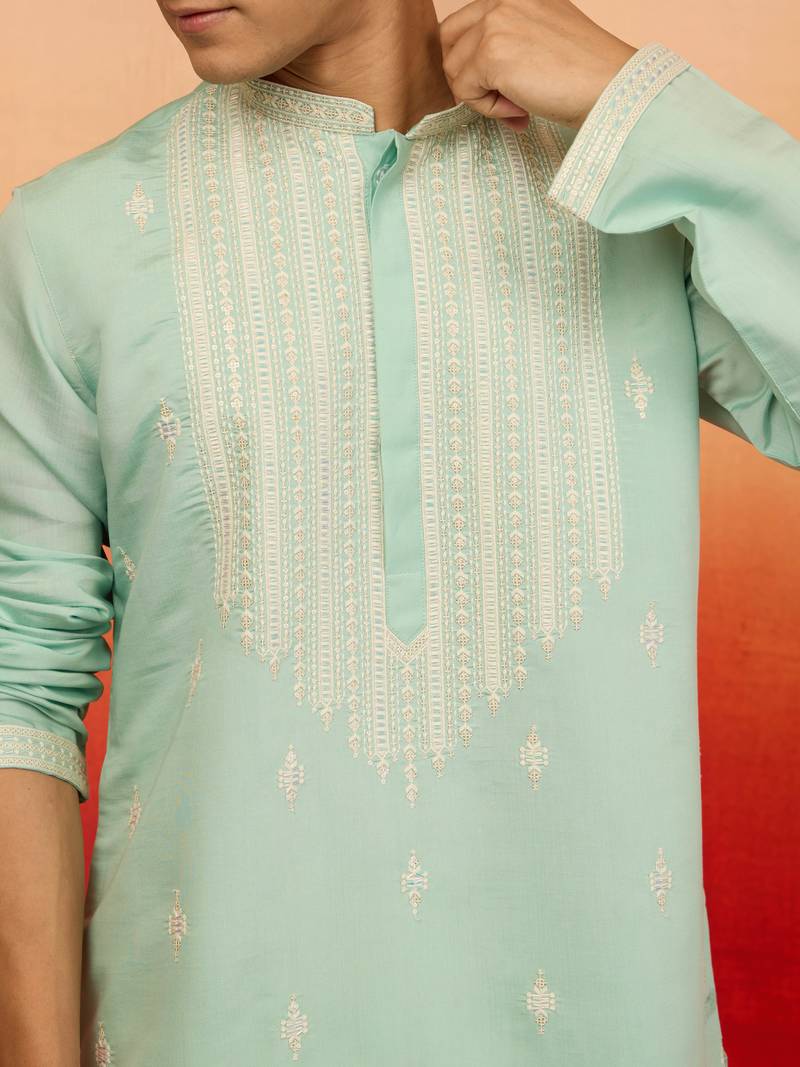 Blue silk blend embroidered kurta with cream pyjama - diwali special set