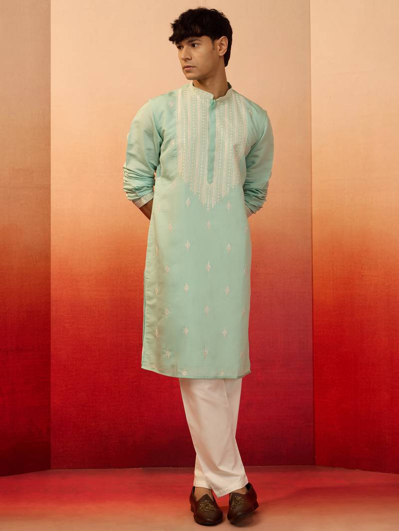Blue silk blend embroidered kurta with cream pyjama - diwali special set