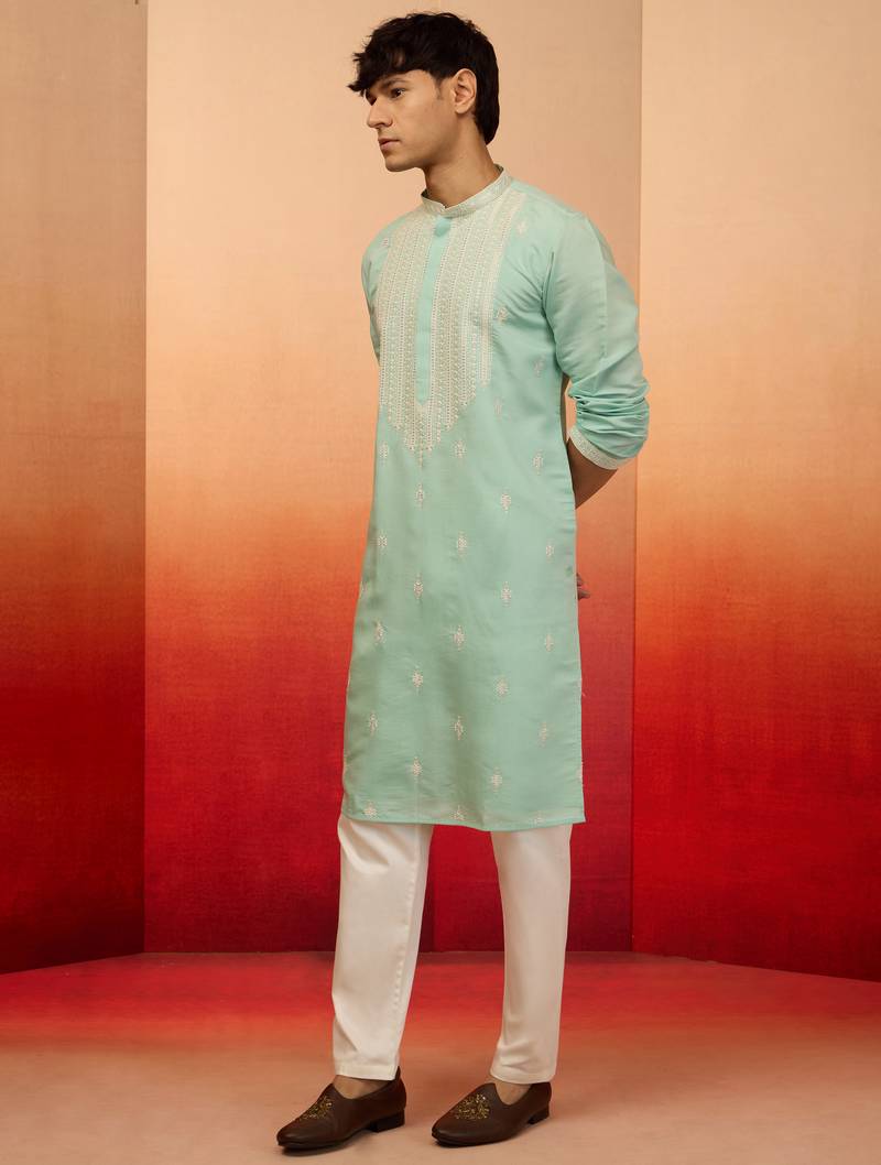 Blue silk blend embroidered kurta with cream pyjama - diwali special set