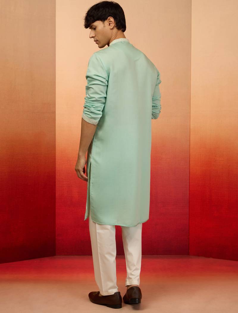 Blue silk blend embroidered kurta with cream pyjama - diwali special set