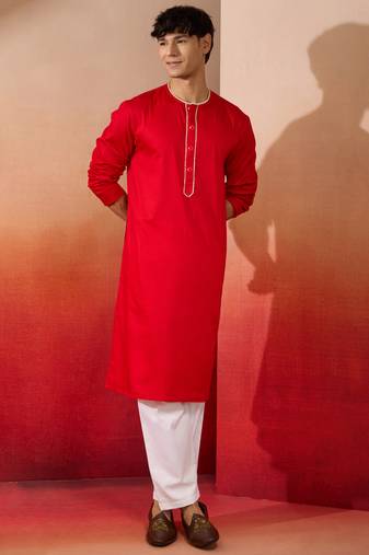 red cotton kurta white pyjama set - navratri festive wear
