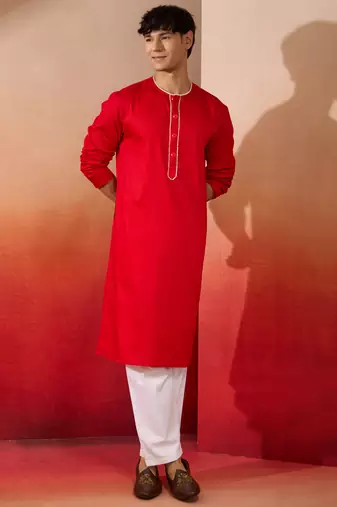 red cotton kurta white pyjama set - navratri festive wear