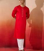 red cotton kurta white pyjama set - navratri festive wear