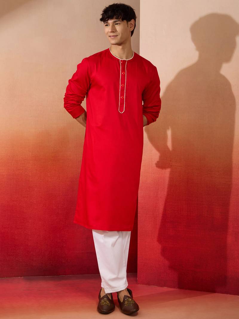 red cotton kurta white pyjama set - navratri festive wear