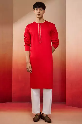 red cotton kurta white pyjama set - navratri festive wear