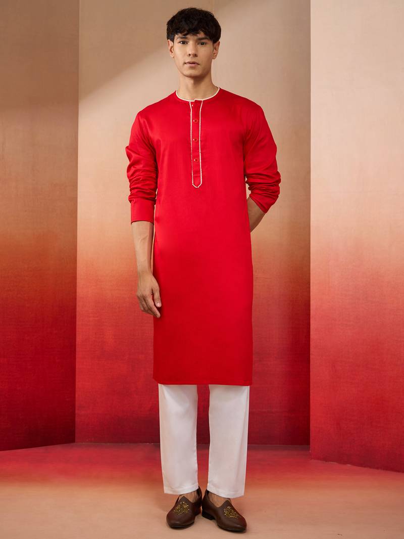 red cotton kurta white pyjama set - navratri festive wear