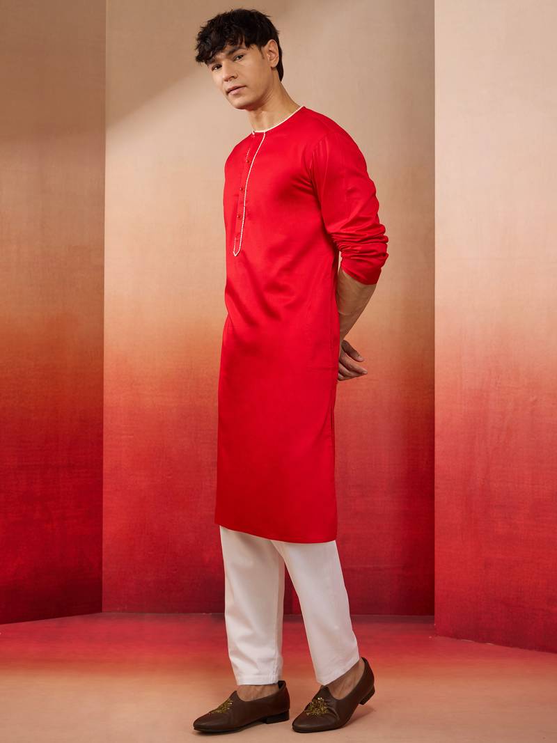 red cotton kurta white pyjama set - navratri festive wear
