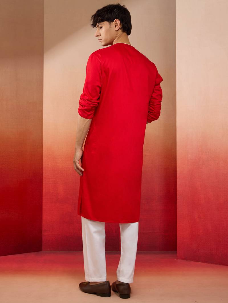 red cotton kurta white pyjama set - navratri festive wear