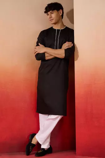 black cotton kurta white pyjama set - navratri festive wear