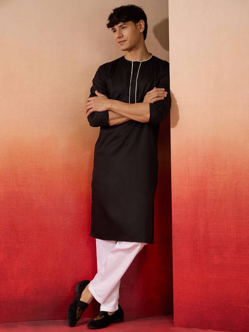 black cotton kurta white pyjama set - navratri festive wear