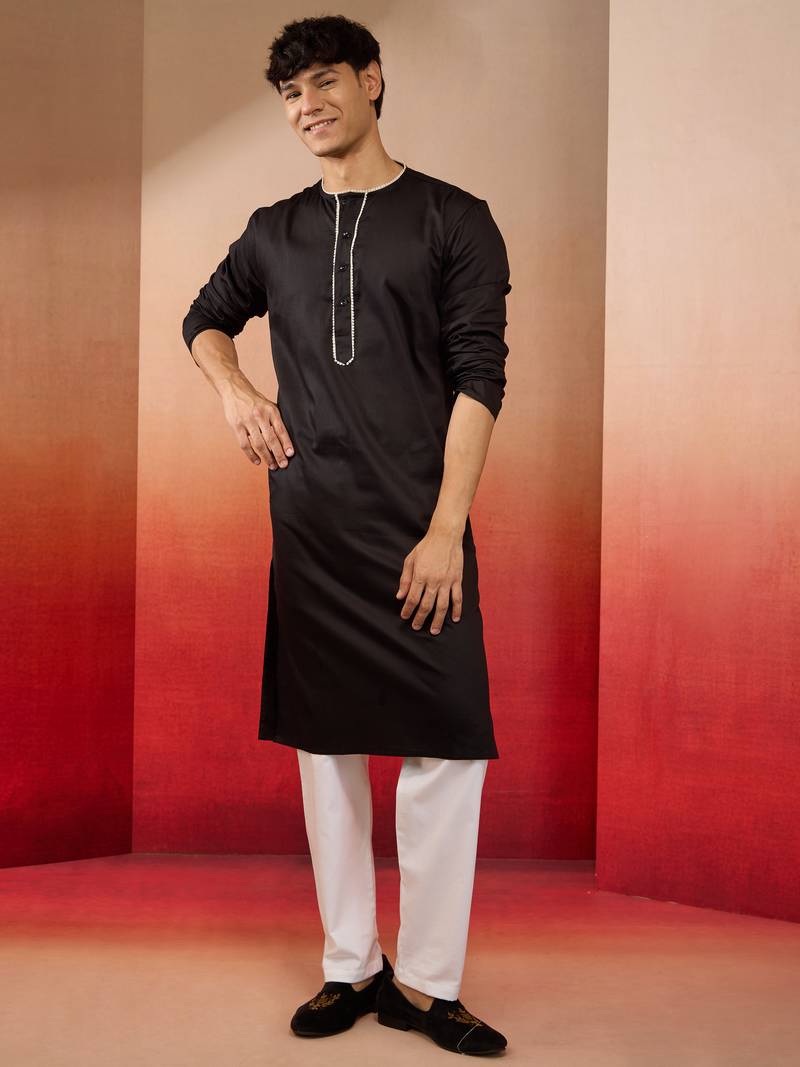 black cotton kurta white pyjama set - navratri festive wear