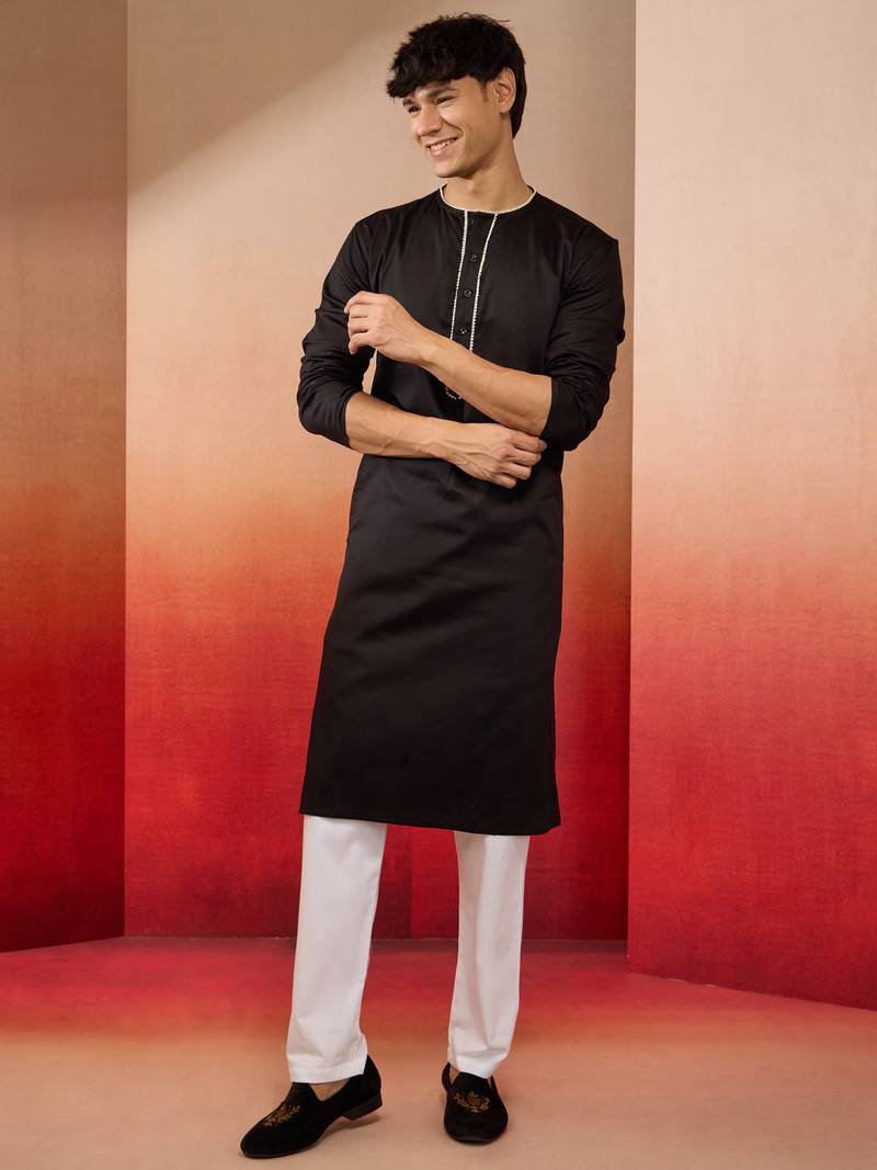 black cotton kurta white pyjama set - navratri festive wear