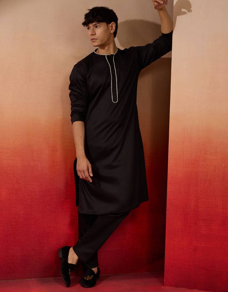 black cotton kurta pyjama set - navratri all black ethnic wear