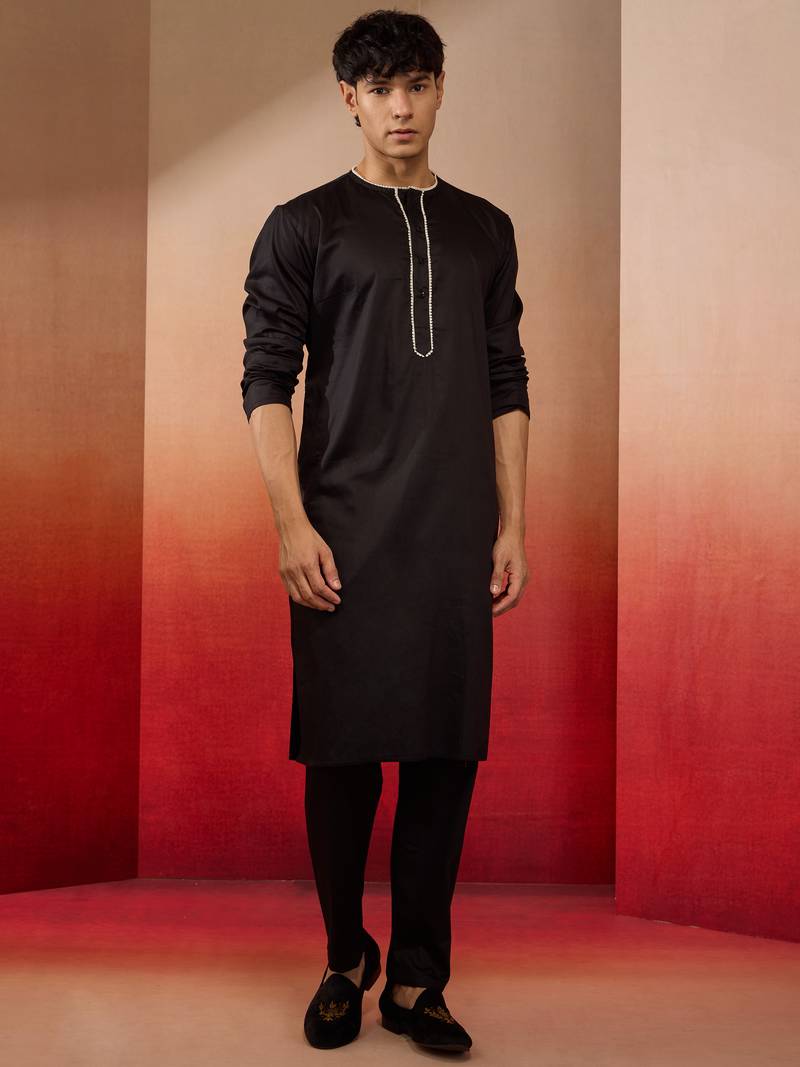 black cotton kurta pyjama set - navratri all black ethnic wear