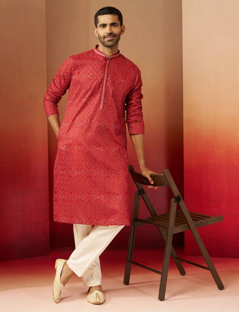 rust bandhani kurta with pyjama - gems work traditional set