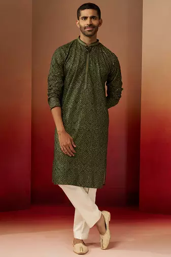 green bandhani gems work kurta with pyjama - ornate traditional set