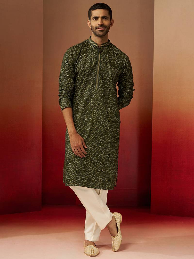 green bandhani gems work kurta with pyjama - ornate traditional set