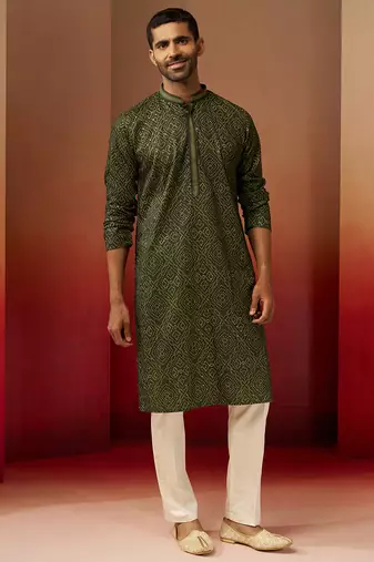 green bandhani gems work kurta with pyjama - ornate traditional set