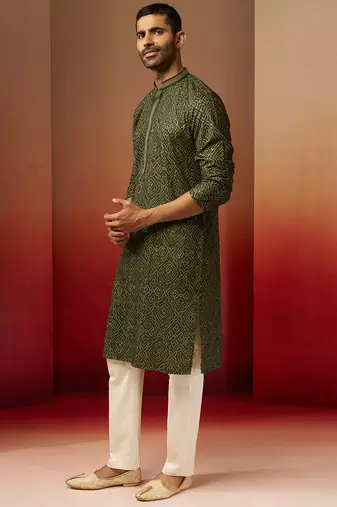green bandhani gems work kurta with pyjama - ornate traditional set