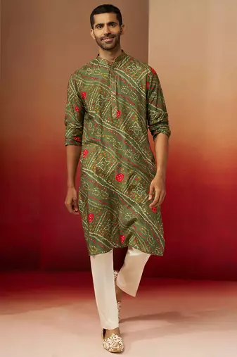green bandhani kurta with pyjama - traditional print set