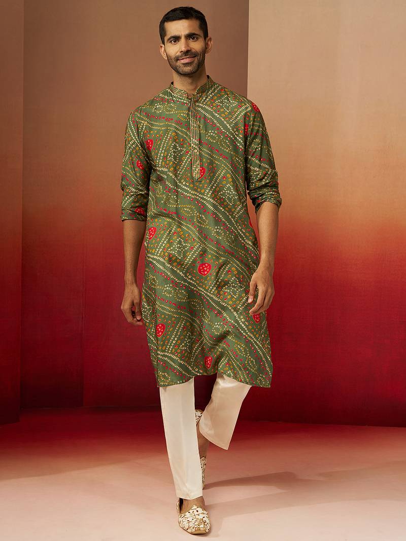 green bandhani kurta with pyjama - traditional print set