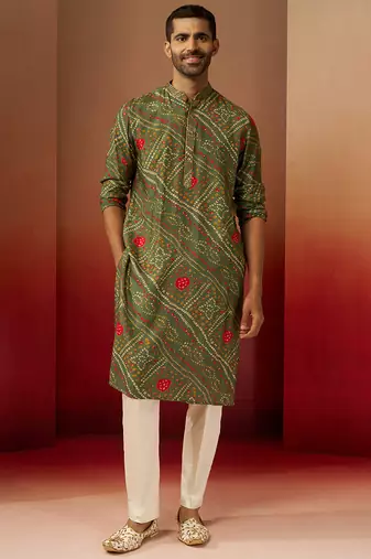 green bandhani kurta with pyjama - traditional print set